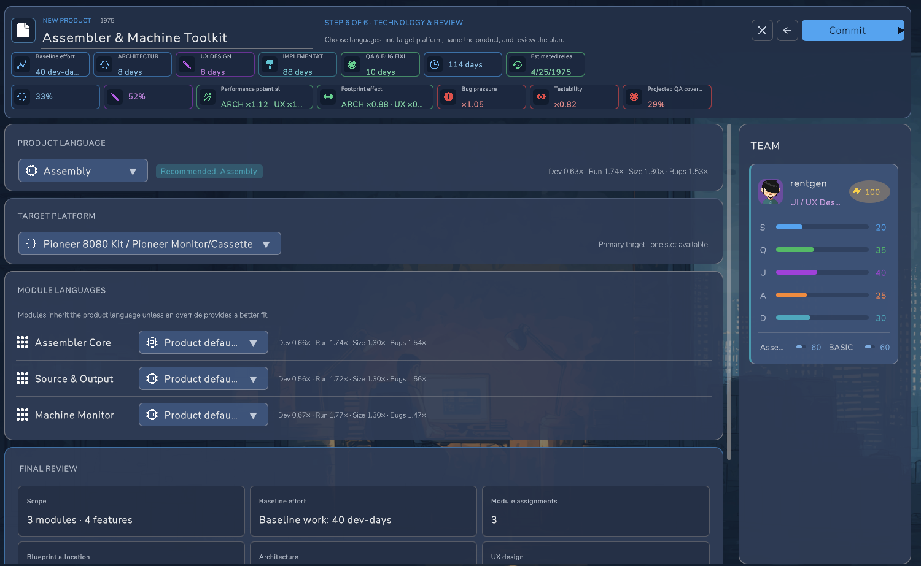 Bootstrapped technology and release review screen