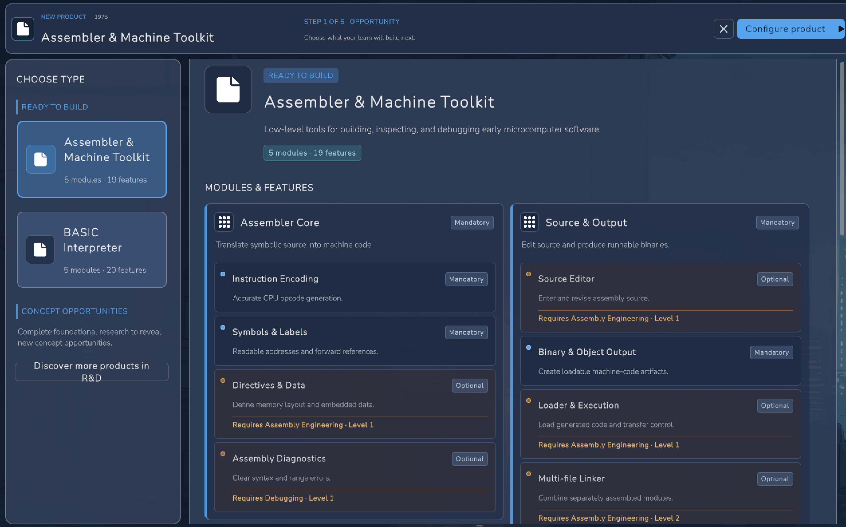 Bootstrapped product opportunity screen showing modules and features